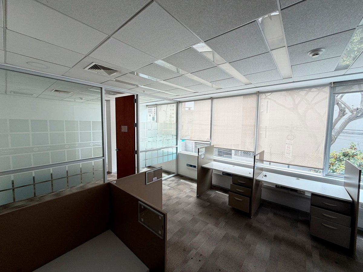 Empty modern office space with glass partitions, desks, drop ceiling, and windows with natural light from outside.
