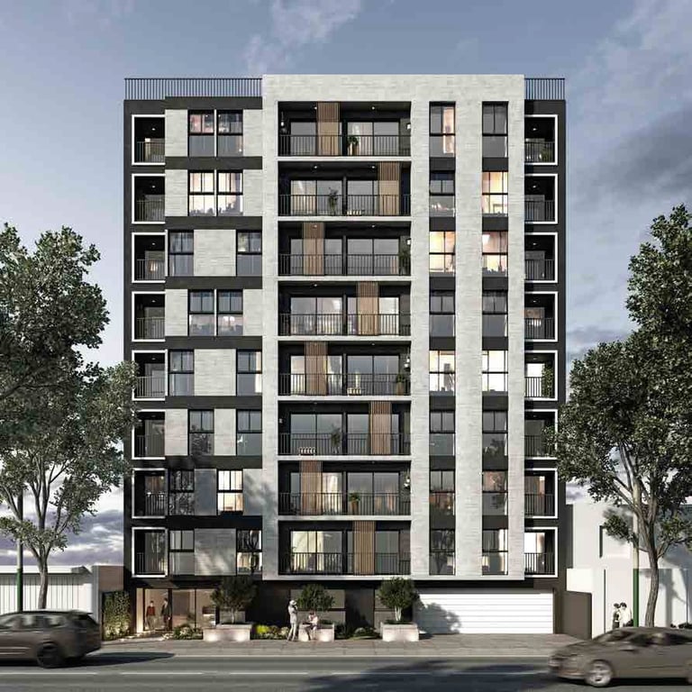 Modern residential apartment building with eight floors, mixed black and white facade, multiple balconies, and street-level parking garage.