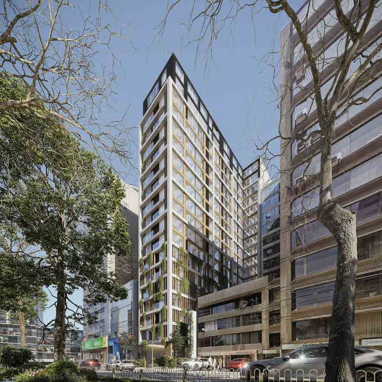 Modern multi-story residential tower with mixed-use retail base nestled between older buildings among leafless trees
