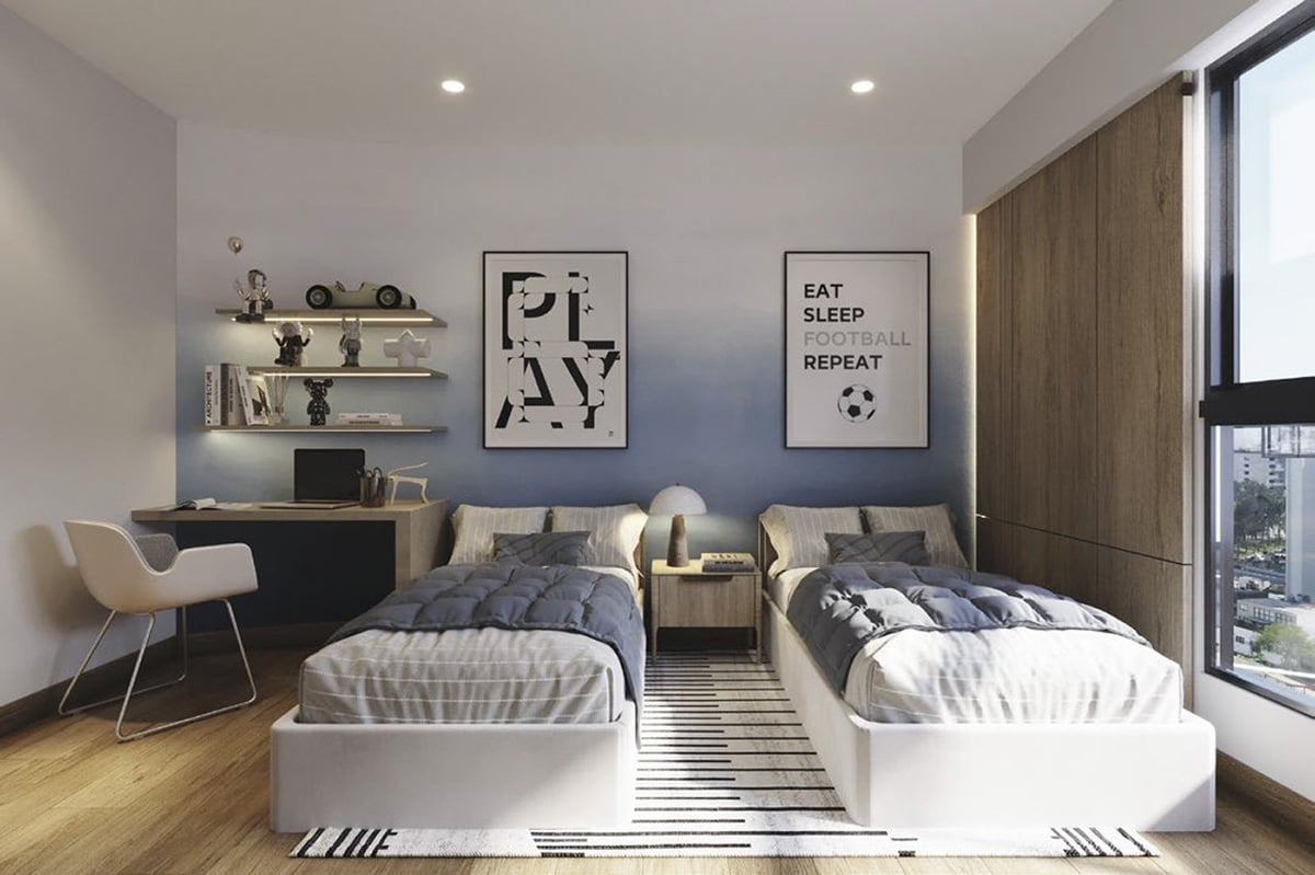 Modern shared bedroom with two white twin beds, wooden flooring, desk area, floating shelves, and motivational wall art