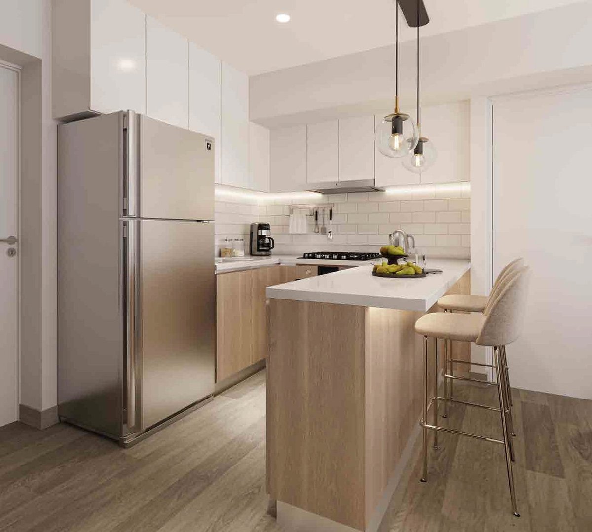 Modern kitchen with white cabinetry, wooden island, stainless steel appliances, and bar seating