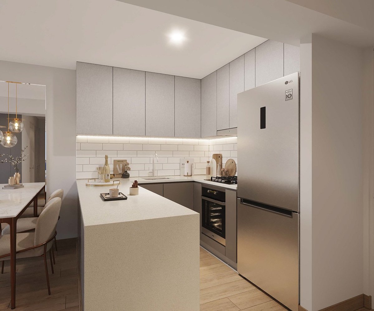 Modern kitchen with white cabinetry, white subway tile backsplash, central island, stainless steel appliances, and hardwood flooring