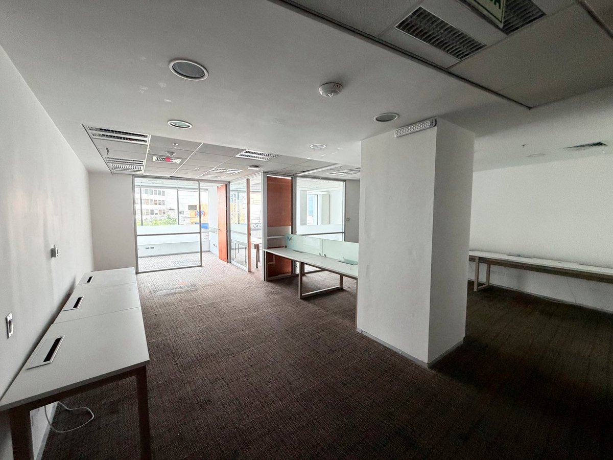 Empty modern office or commercial space with white walls, recessed lighting, glass entrance doors, and brown carpeted flooring