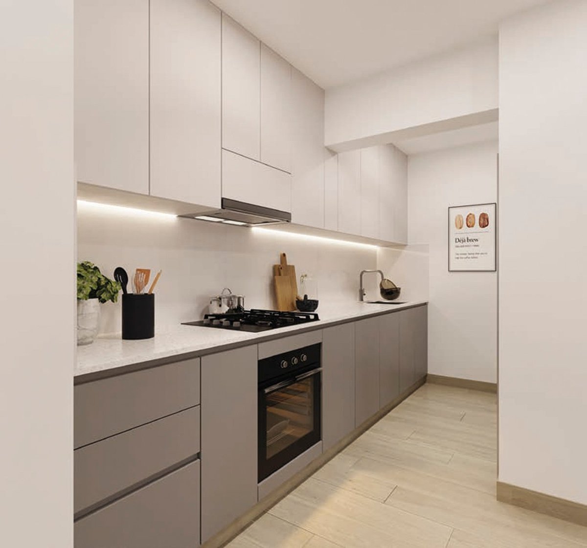 Modern minimalist kitchen with white upper cabinets, gray lower cabinets, integrated stovetop, and built-in oven