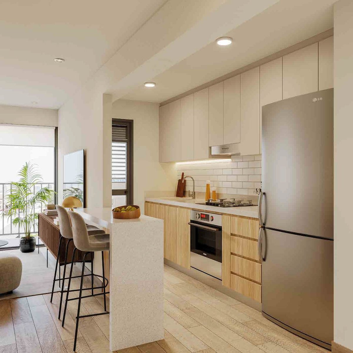 Modern kitchen with light wood cabinetry, stainless steel appliances, white subway tile backsplash, and island seating near sliding door to balcony.