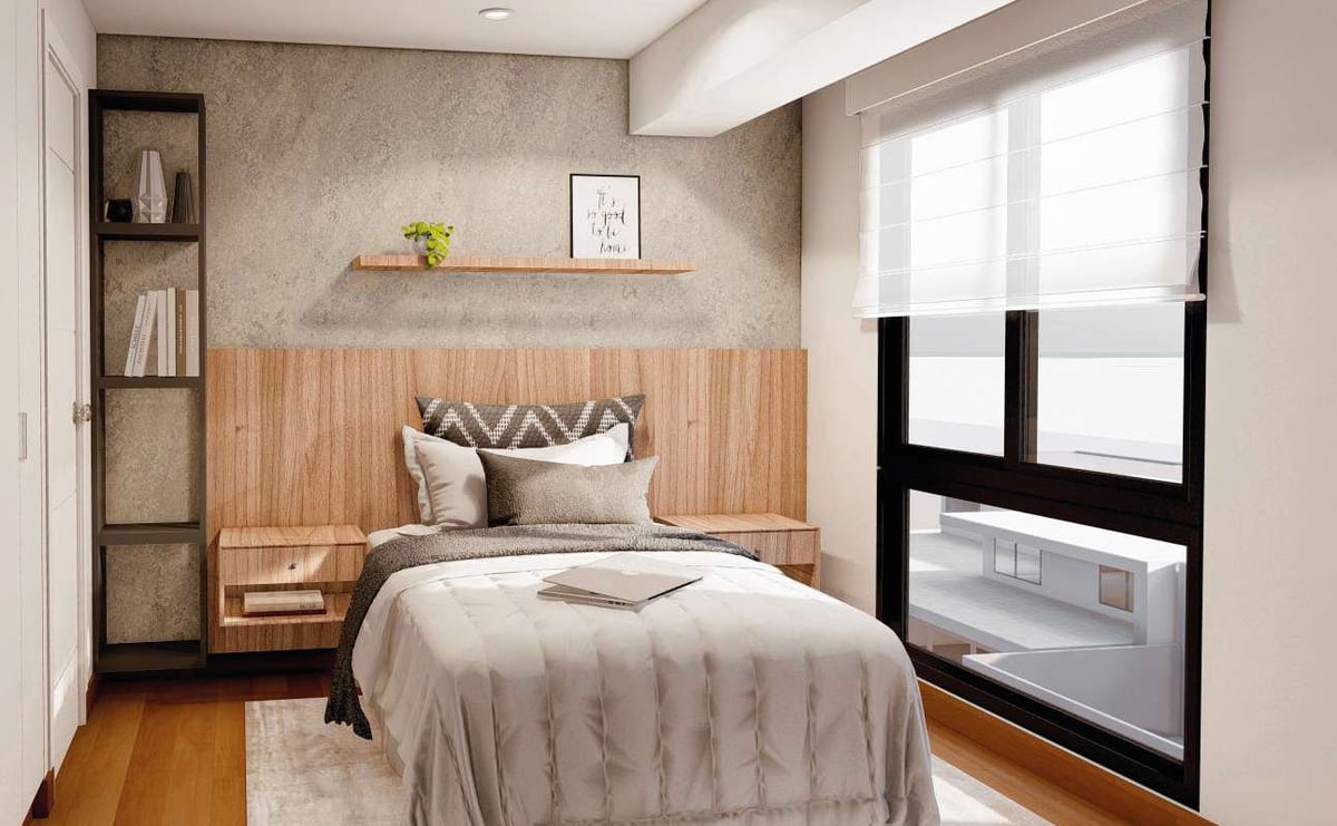 Modern bedroom with wooden bed, beige bedding, built-in shelving, window with blinds, and hardwood flooring