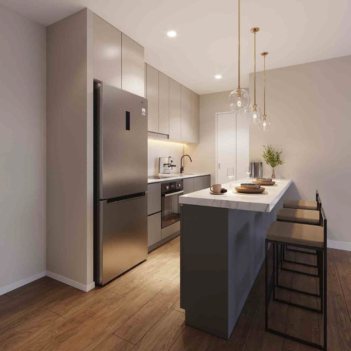 Modern kitchen with white upper cabinets, black island with seating, stainless steel appliances, and pendant lighting overhead