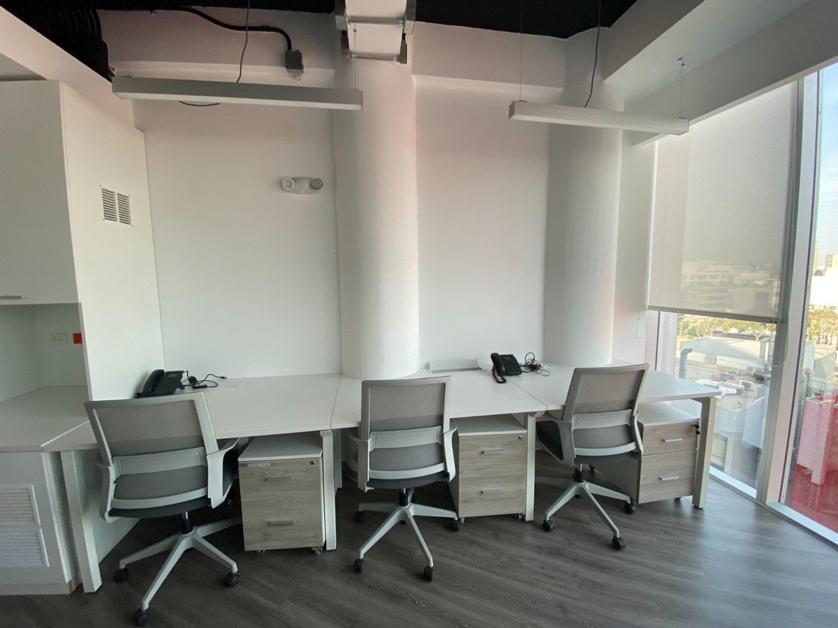 Modern office workspace with three gray mesh chairs at individual desks in a bright, minimalist room with large windows.