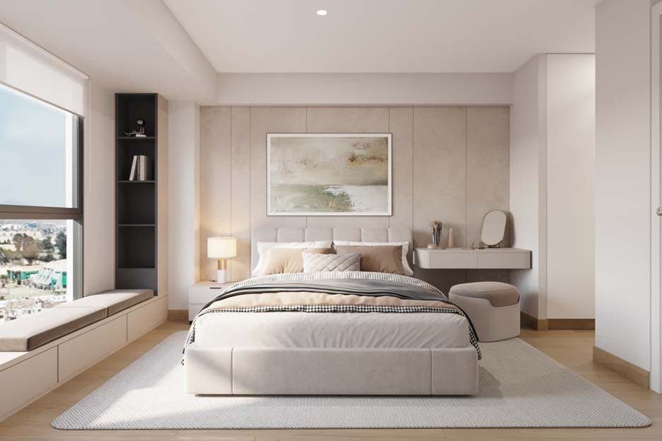 Modern minimalist bedroom with beige platform bed, wall-mounted nightstands, framed artwork, large window with city view, and neutral color palette