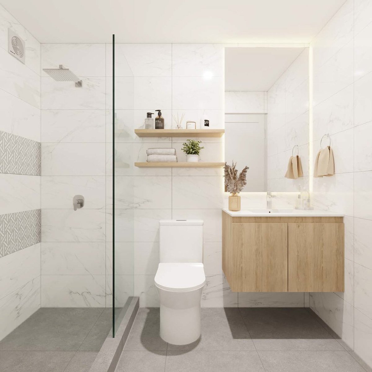 Modern bathroom with white marble tiles, wood vanity, floating shelves, toilet, and walk-in shower with glass enclosure