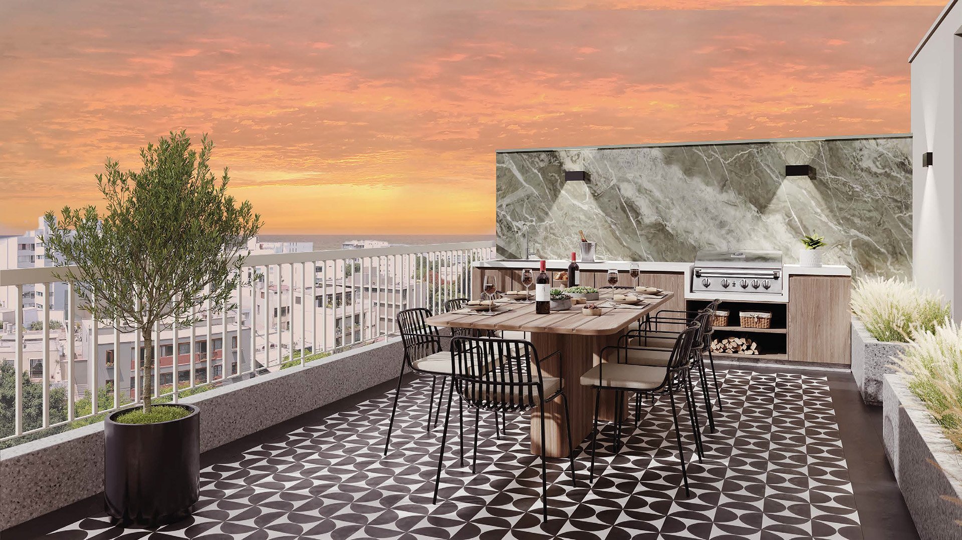 Rooftop terrace with dining table, chairs, and grill at sunset overlooking city skyline and water